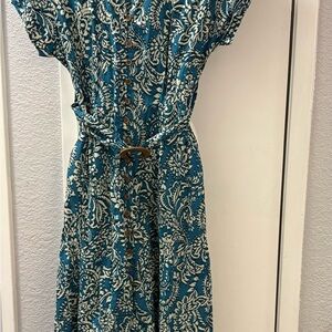 Zara Teal and White Paisley Button-Front Midi Dress with Belt